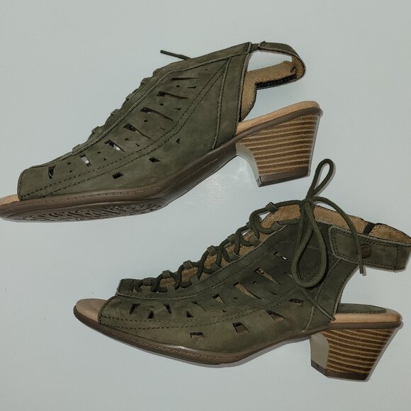 NWOT Earth Kristen Dark Olive Leather Peep Toe Block Heel Cage Sandals 9D - Picture 5 of 10